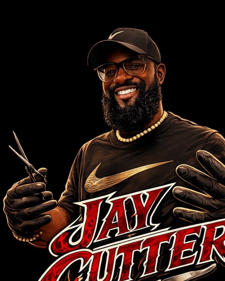 JayCutter, smiling with scissors in hand, in his signature brand artwork
